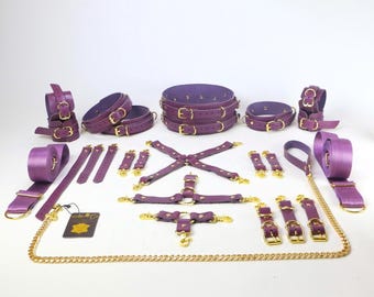 Lila Italienisches Leder Bondage Kit 24 Stk
