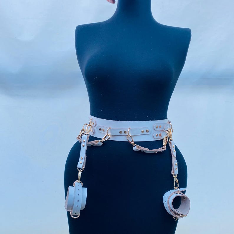 Rear Entry Support Belt Adjustable Leather Harness Belt with Cuffs – 4x Connector – Handmade image 17