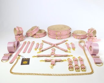 Restraints Set Cowhide Bondage Set Waist Belt, Thigh Cuffs Hand, Ankle Cuffs, Connector Equipment, Bed Bondage Strap MOSCOW Series (MOS)
