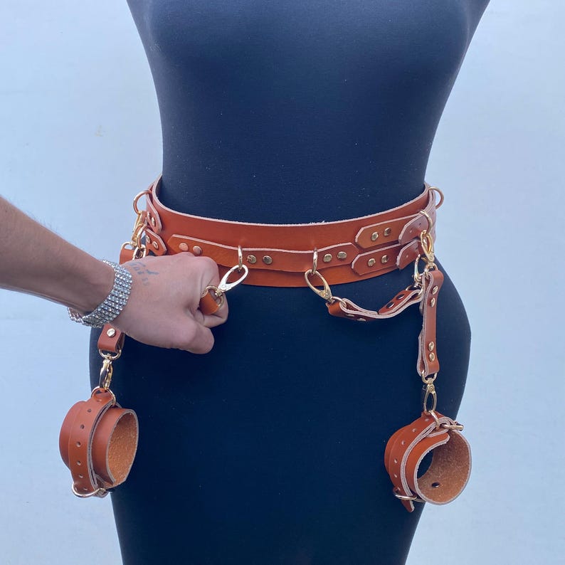 Rear Entry Support Belt Adjustable Leather Harness Belt with Cuffs – 4x Connector – Handmade image 16