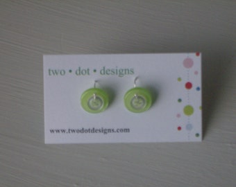 Sterling silver dangle earrings with lime green and clear vintage buttons