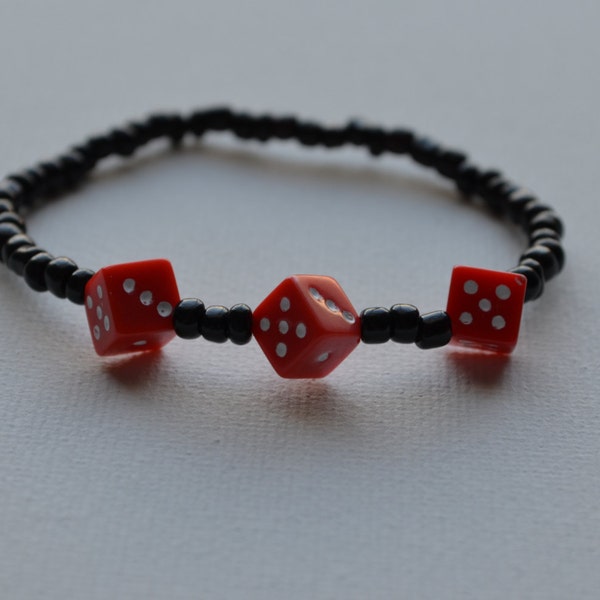 Bunco bracelet, black glass seed beads with 3 red dice, stretch dice bracelet