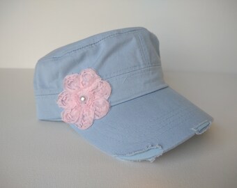 Light blue distressed army hat with pink lace flower and pearl accents