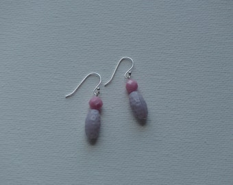 Sterling silver dangle earrings with pink & purple dimpled vintage beads