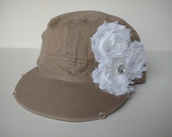 Khaki distressed army hat with white flowers