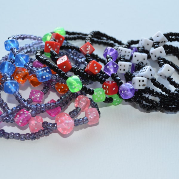 Bunco bracelets, lot of 12, designer's choice, glass seed beads with 3 dice, stretch bracelets