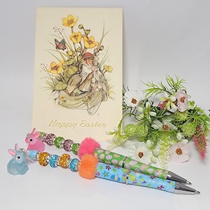 Unique hand crafted sparkly diamanté rhinestone & fluffy beaded ballpoint pen with cute Easter bunny charm