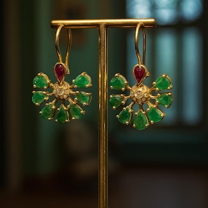 Topkapi Inspired Emerald Ruby Diamond Earrings | Ottoman Floral Gold Earrings | Heritage Fine Jewelry