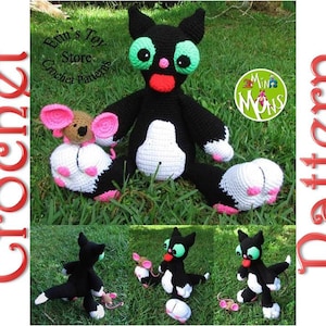 May include: Crochet pattern for a black and white cat with green eyes and a pink tongue, holding a brown and pink mouse. The pattern is called "Mini Mons" and is available from "Erin's Toy Store Crochet Patterns".
