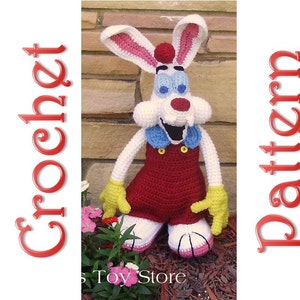May include: Crochet pattern for a white rabbit with red overalls, blue shirt, and yellow gloves. The rabbit has pink ears and blue eyes. The pattern is called "Crochet Pattern".