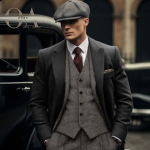 Peaky Blinders Grey Tweed Suit - Custom Tailored 3-Piece Handmade Wool Vintage Gangster ,Weddings, Cosplay & Formal Events FREE Long Coat