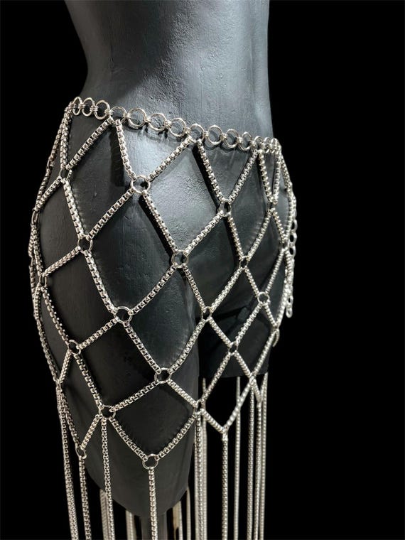 Silver Waterfall Fringe Chain Belt Cybercore Goth Festival Rave Body Chain NWT Punk Leather Waist Chain Belt Ring Harness Body Chain  main image 3