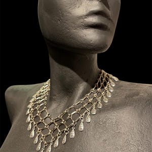 Handmade Statement Boho Tribal Bib Necklace – Silver Plated Mesh Design with Dangling Leaf Charms – Handmade Festival Jewelry