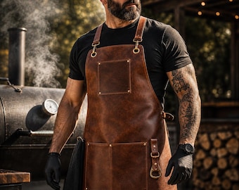 Puede incluir: Un delantal de cuero marrón con un bolsillo grande en el pecho, dos bolsillos inferiores, herrajes en tono latón y correas ajustables para los hombros con clips de metal. Una toalla negra cuelga de un lazo lateral y un abridor está sujeto.