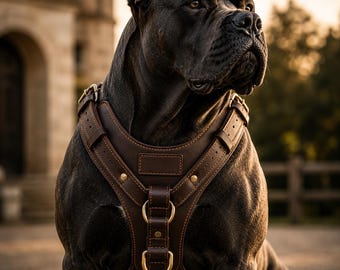フルグレインレザー製、大型犬種向けハンドメイド犬用ハーネス（名入れ可）