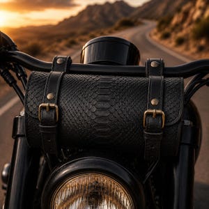 May include: Close-up of a black motorcycle with a snakeskin-textured handlebar bag. The bag is secured with leather straps and brass buckles. The motorcycle's headlight is visible, and the background shows a desert road and mountains.