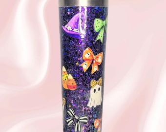 Halloween Snow Globe Tumbler Purple Glitter Seasonal Fall Cup Spooky Ghost Cute Handmade Gift for Her Halloween Bows Magical Drink Cup