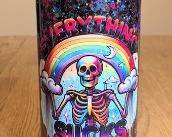 Funny Skeleton and Rainbow Tumbler | 16 oz Glass Snow Globe Cup | “Everything Sucks” | Sarcastic Gift | Funny Gift for Her