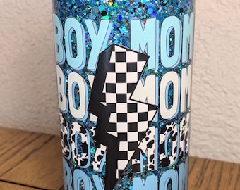 Boy Mom Tumbler, Snow Globe Glitter Cup, 16oz Glass Can, Gift Ideas, Handmade
