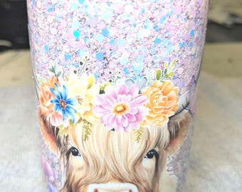 Highland Cow Snow Globe Tumbler | 16 oz Acrylic Cup | Pink and Blue Tumbler | Highland Cow Gift | Farmhouse Drinkware | Gift for Her