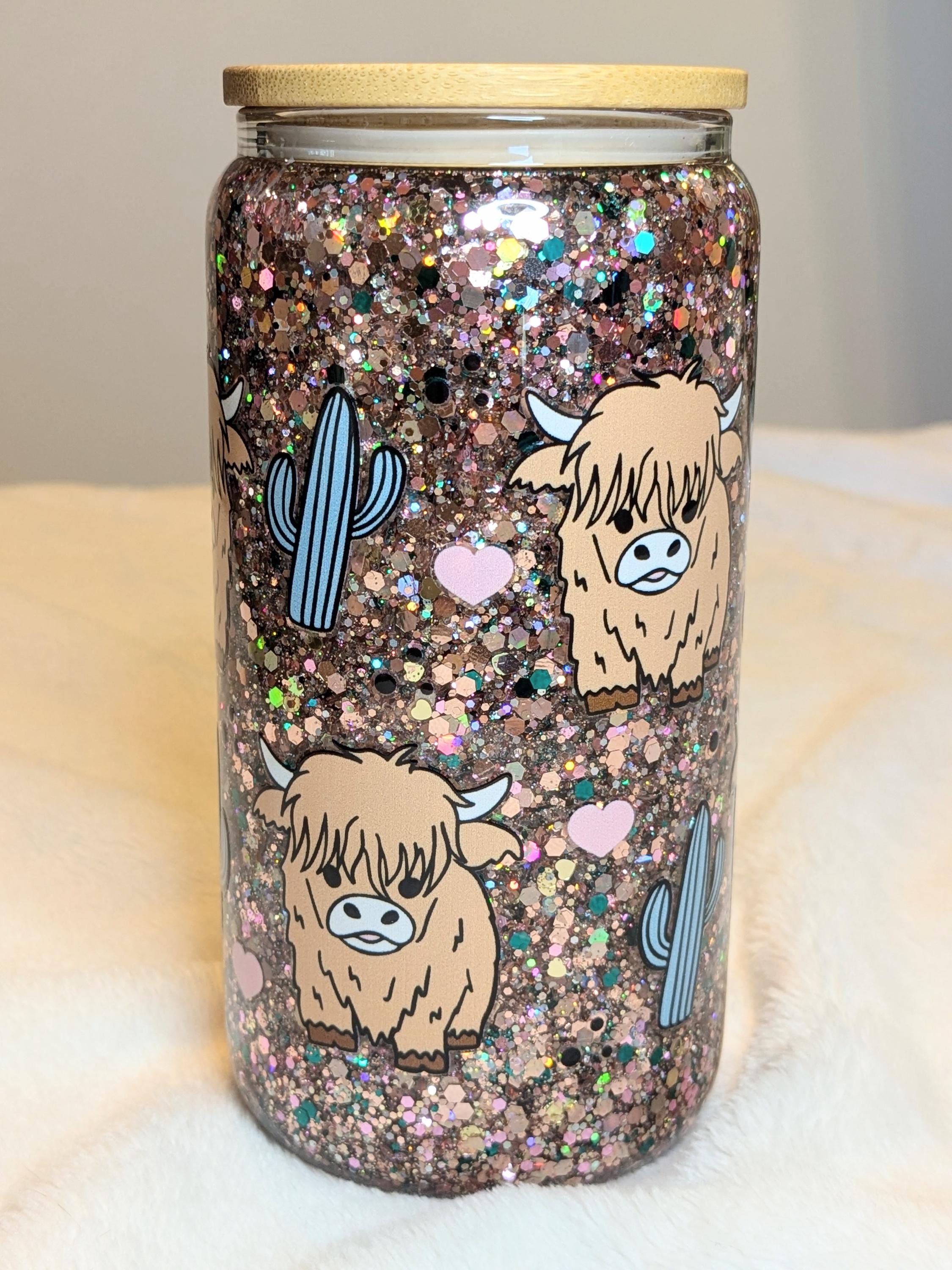 Highland Cow & Cactus Snow Globe Glass Cup | 16 oz Iced Coffee Cup | Gold Glitter Tumbler | Western Cow Cup | Boho Cowgirl Gift