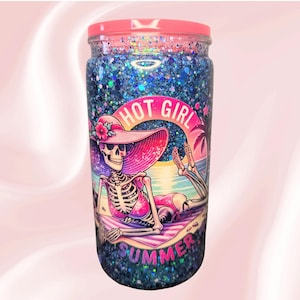 Skeleton Snow Globe Tumbler | Hot Girl Summer, Blue Glitter 16 oz Cup