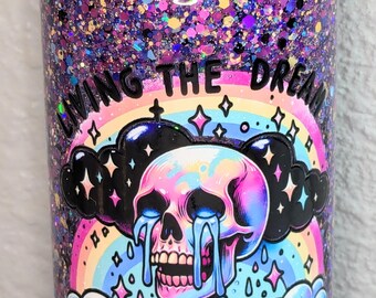 16 oz Snow Globe Glass Cup | “Living the Dream” Skeleton | Funny Skeleton Tumbler | Rainbow Glitter Cup | Iced Coffee Cup | Funny Gift Ideas