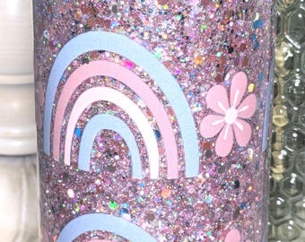 Rainbow Tumbler, Snow Globe Suspended Glitter, Glass Can 16oz, Handmade, Gift Ideas