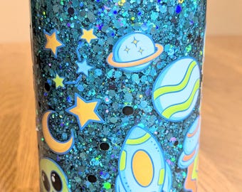 Alien Space Snow Globe Tumbler | Teal Glitter Rocket Cup | UFO Tumbler | Outer Space Gift | 16 oz Galaxy Glitter Cup