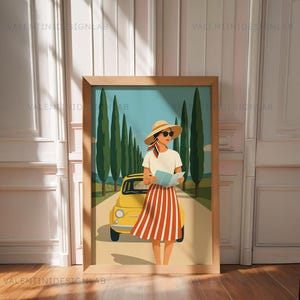 Italien Sommer schickes Mädchen mit Karte und ein Auto Digital PNG Wandkunst, Herbst Waldstraße Reise-Druck, Sommer Vibes Digital Poster Frau
