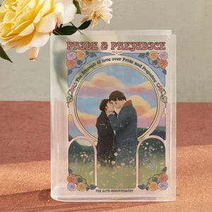 Bokvas med stolthet och fördom, romantisk bokvas med akrylmotiv, klassisk vas med parillustration, bokformad vas, dekoration med Jane Austen