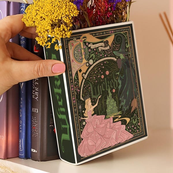 Wicked Broadway-boekenvaas, acryl boekvormige vaas met Elphaba en Glinda, muzikaal heksdecor, op Wizard Of Oz geïnspireerde boekenvaas