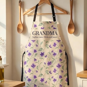 Anpassat förkläde med blommönster för födelsedag, mormors förkläde, personligt mormors förkläde, barnbarns namnförkläde, mors dag-present till mormor