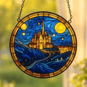 Wizard School Stained Glass Suncatcher, Enchanted Castle Stained Glass Suncatcher, Christmas Window Decor for Book Lovers & Fantasy Fans
