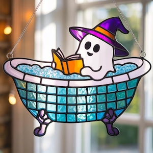Schattig spookleesboek badkamer acryl suncatcher, spook in badraam hangen, Halloween spookachtig seizoen badkamer decor, boo liefdesboek
