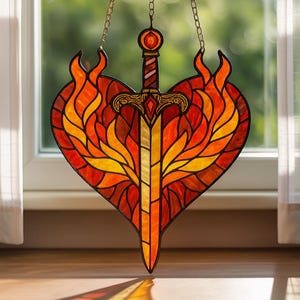 Throne of Glass Fireheart Suncatcher, Flame Sword Stained Glass Hanging, Aelin Inspired Window Decor, Fantasy Glass Art, Bookish Gift Idea