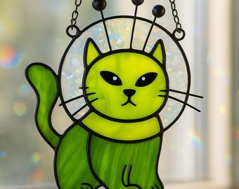 Alien Cat Acrylic Suncatcher, Funny Space Window Hanging, Cat Alien Faux Stained Glass Ornament, Cosmic UFO Sun Catcher Decor