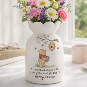 Vase floral amitié ourson ours, vase en céramique citation ami Winnie l'ourson, vase à fleurs abeille, cadeau meilleur ami, décoration de vase pour chambre d'enfant