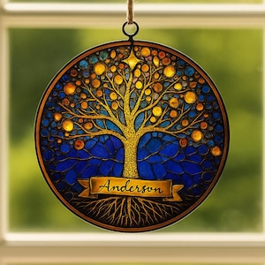 Personalized Tree of Life Suncatcher, Custom Family Name Window Ornament, Faux Stained Glass, Ancestry Sun Catcher Gift,Christmas Decor 2025