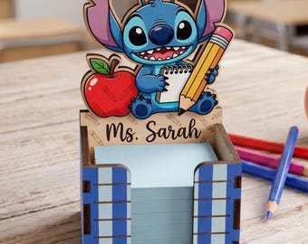 Porta post-it personalizzato con nome Stitch per insegnanti, porta post-it in legno di Lilo e Stitch, decorazione per la classe Disney, regalo personalizzato per insegnanti