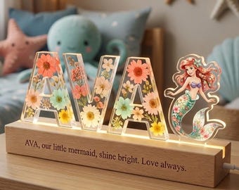 Luce notturna personalizzata con nome Ariel, lampada in acrilico della Sirenetta, luce floreale personalizzata con nome, decorazione luminosa per cameretta Disney, regalo per cameretta delle bambine