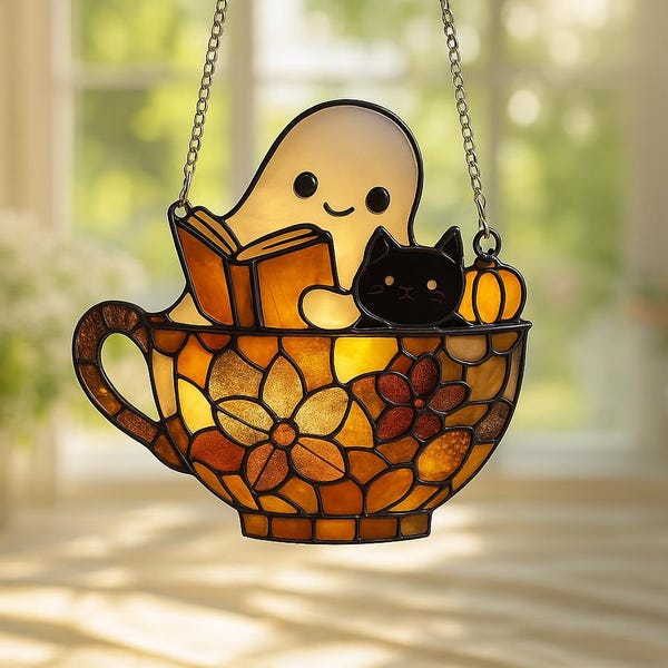 Ghost in Tea Cup Suncatcher, Halloween-lezingornament, Black Cat Pumpkin Raamdecoratie, Spooky Sun Catcher, Boekenliefhebber cadeau