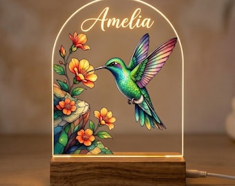 Lampada notturna personalizzata con colibrì, lampada con nome personalizzato a forma di uccello, lampada LED floreale, lampada notturna a tema natura, lampada notturna per la festa della mamma, decorazione per la camera da letto.