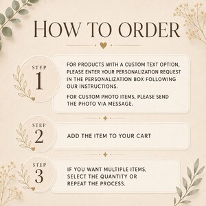 K&ouml;nnte beinhalten: Eine Anleitungsgrafik mit dem Titel HOW TO ORDER in drei Schritten. Schritt 1: Geben Sie den benutzerdefinierten Text im Personalisierungsfeld ein oder senden Sie Fotos per Nachricht. Schritt 2: Legen Sie den Artikel in den Warenkorb. Schritt 3: Menge w&auml;hlen.