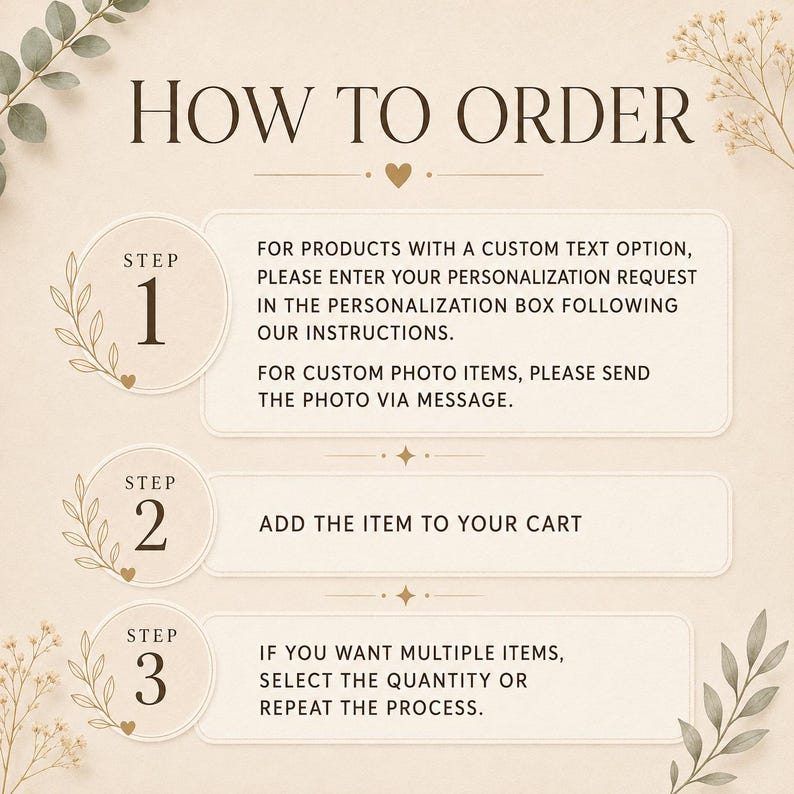 K&ouml;nnte beinhalten: Eine Anleitungsgrafik mit dem Titel HOW TO ORDER in drei Schritten. Schritt 1: Geben Sie den benutzerdefinierten Text im Personalisierungsfeld ein oder senden Sie Fotos per Nachricht. Schritt 2: Legen Sie den Artikel in den Warenkorb. Schritt 3: Menge w&auml;hlen.