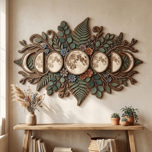 Celestial Moon Phase Wood Sign, Floral Wooden Wall Art, Witchy Wall Art, Layered Wood Witchy Decor, Mystical Botanical Bedroom Decor