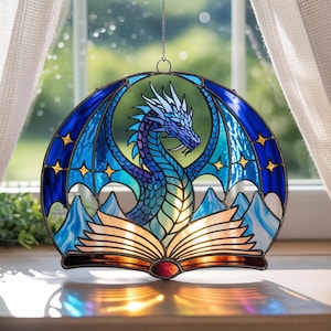 Dragon Book Suncatcher, Stained Glass Fantasy Window Hanging, Dragon Acrylic Decor, Fantasy Book Lover Decor, Mystical Window Hanging