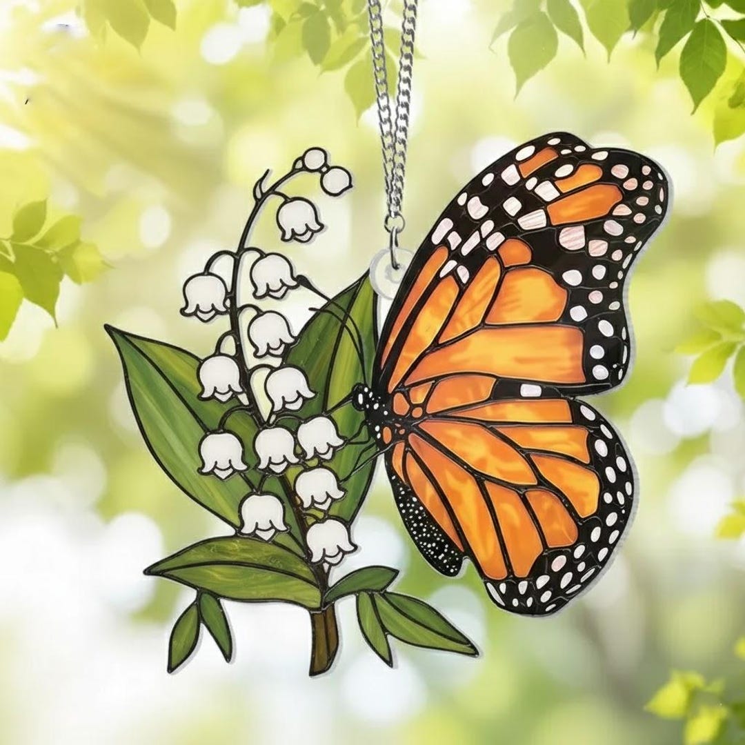 Monarch Butterfly Acrylic Suncatcher With Lily of the Valley Flowers ...