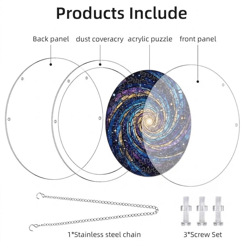 K&ouml;nnte beinhalten: Diagramm eines runden Puzzles mit Galaxiemotiv, einschlie&szlig;lich R&uuml;ckwand, Staubschutz, Acrylpuzzle und Frontplatte. Eine Edelstahlkette und ein Schraubensatz sind ebenfalls abgebildet. Der Text "Products Include" steht oben.
