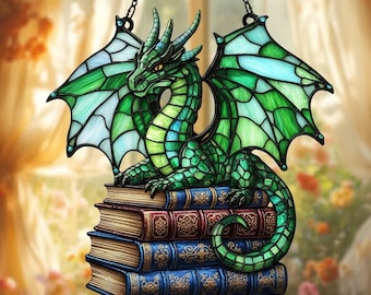 Acchiappasole in acrilico a forma di libro con drago, da appendere alla finestra con drago fantasy sui libri, acchiappasole per amanti dei libri, decorazione per biblioteca con drago che legge, ornamento con drago
